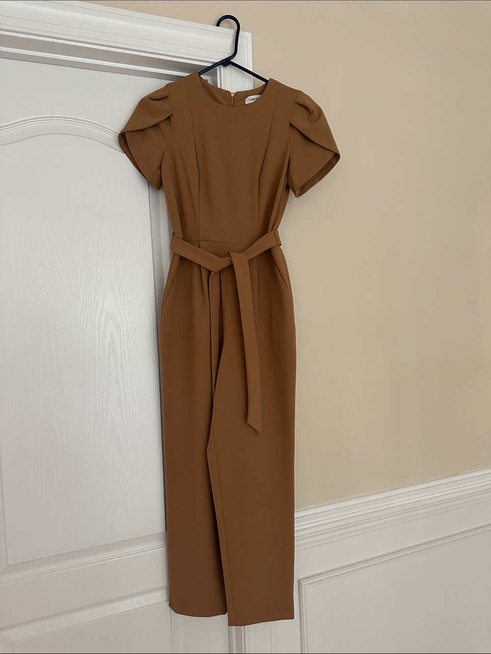 Calvin Klein Camel Brown Short Sleeve Belted Jumpsuit